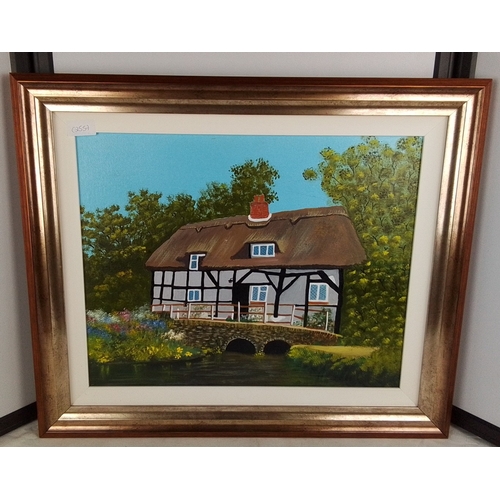 296 - A framed oil on canvas landscape painting depicting a thatched black-and-white timber-framed cottage... 