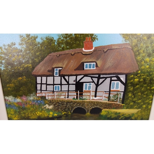 296 - A framed oil on canvas landscape painting depicting a thatched black-and-white timber-framed cottage... 