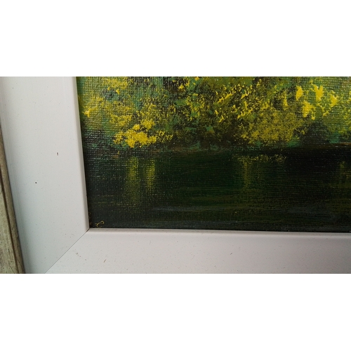 296 - A framed oil on canvas landscape painting depicting a thatched black-and-white timber-framed cottage... 