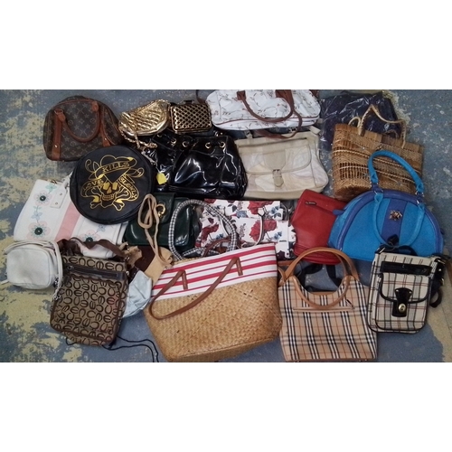 306 - Group of assorted handbags and purses, including woven straw tote, tartan-pattern handbags, floral-p... 