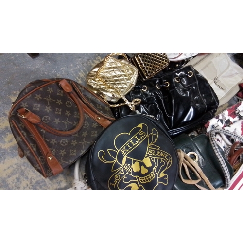 306 - Group of assorted handbags and purses, including woven straw tote, tartan-pattern handbags, floral-p... 
