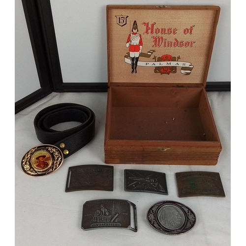 358 - Group of five novelty belt buckles, including Wells Fargo and Company and Jesse James designs, and a... 