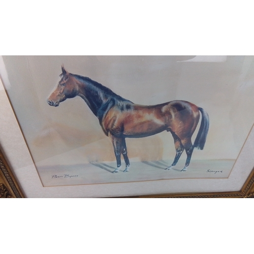 378 - Pair of framed pictures - Shergar by Brian Byanes measuring 59cm x 47cm and another.