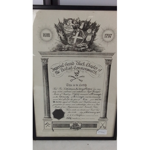 416 - Set of three framed Royal Black Knights certificates for Sir William S. Peilow, Preceptory No. 1077,... 