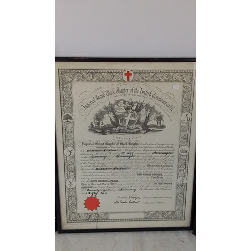 416 - Set of three framed Royal Black Knights certificates for Sir William S. Peilow, Preceptory No. 1077,... 