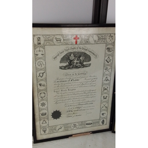 416 - Set of three framed Royal Black Knights certificates for Sir William S. Peilow, Preceptory No. 1077,... 