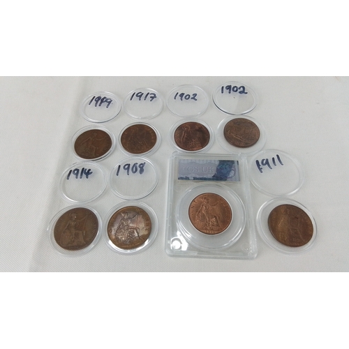 181 - 8 British bronze one pennies, 1902 (two examples), 1908, 1910, 1911, 1914, 1917 and 1919, each in a ... 
