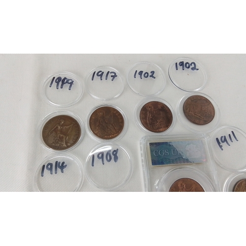 181 - 8 British bronze one pennies, 1902 (two examples), 1908, 1910, 1911, 1914, 1917 and 1919, each in a ... 