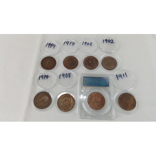 181 - 8 British bronze one pennies, 1902 (two examples), 1908, 1910, 1911, 1914, 1917 and 1919, each in a ... 