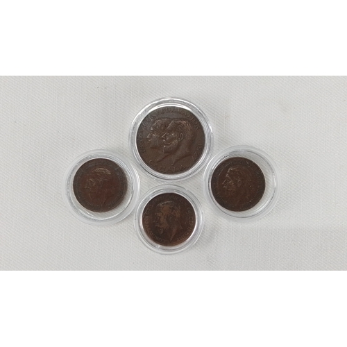 184 - 4 British bronze pennies, each in a clear coin capsule, including a Canadian 1927 coin and three far... 