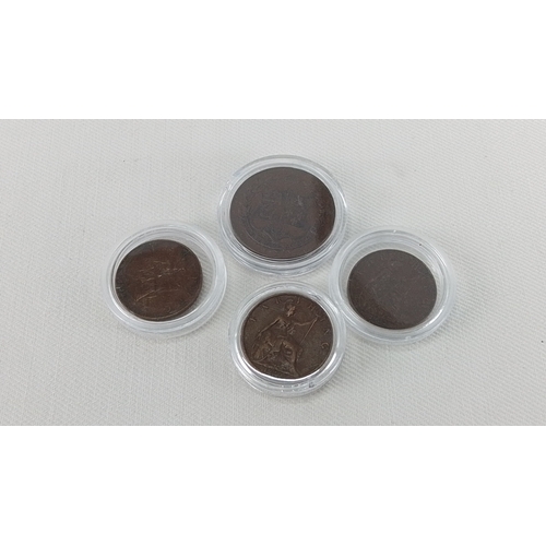 184 - 4 British bronze pennies, each in a clear coin capsule, including a Canadian 1927 coin and three far... 