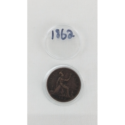 189 - An 1862 British copper one penny, Queen Victoria obverse with seated Britannia reverse, in a clear p... 