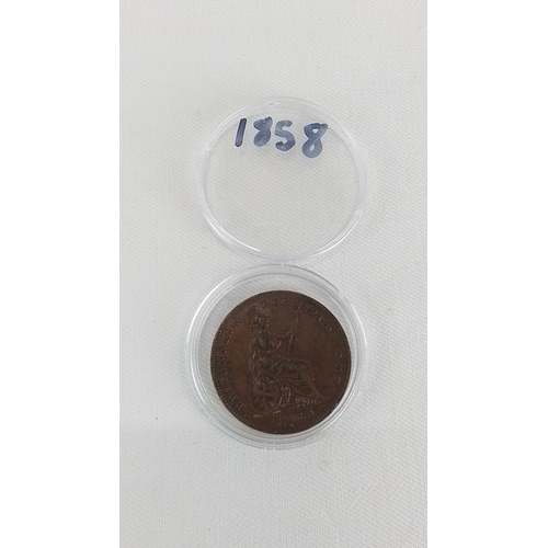 190 - Victorian British one penny, dated 1858, copper, obverse with veiled head of Queen Victoria and reve... 
