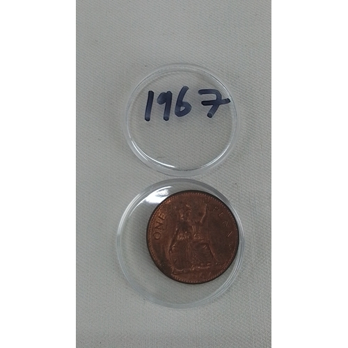 191 - One British copper one penny coin, 1967, Elizabeth II obverse with Britannia reverse, in a clear pla... 