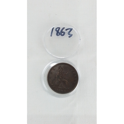 199 - One Queen Victoria bronze penny coin, dated 1863, in plastic capsule; seated Britannia reverse and l... 