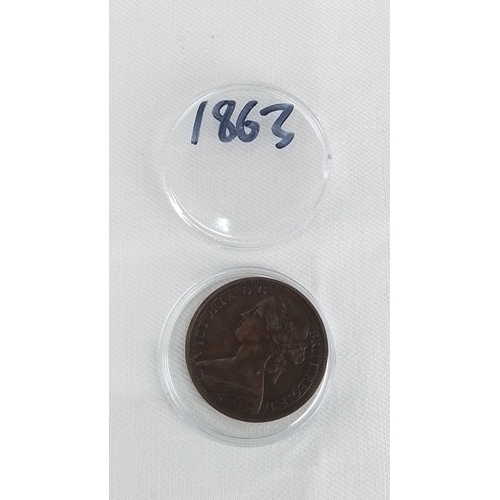 199 - One Queen Victoria bronze penny coin, dated 1863, in plastic capsule; seated Britannia reverse and l... 