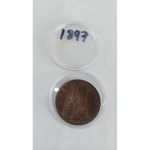 201 - One Victorian one penny, 1897, bronze, obverse with veiled bust of Queen Victoria and Latin legend, ... 