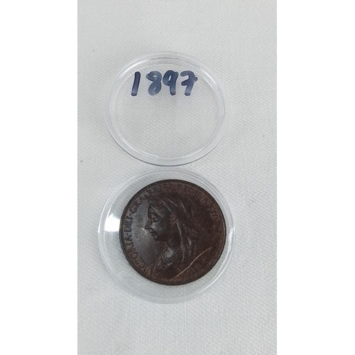 201 - One Victorian one penny, 1897, bronze, obverse with veiled bust of Queen Victoria and Latin legend, ... 