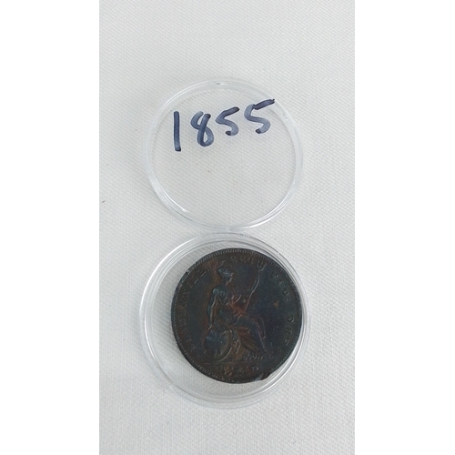 205 - A Victorian copper penny, 1855, in a clear plastic capsule.