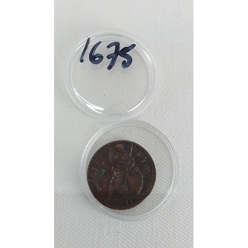 212 - An early 1675 Charles II  Copper Farthing coin, cased in a clear capsule.