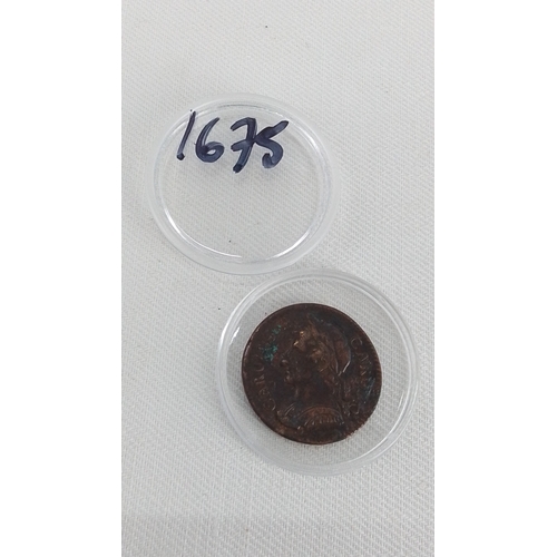 212 - An early 1675 Charles II  Copper Farthing coin, cased in a clear capsule.
