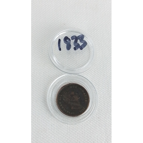 221 - A Victorian copper penny, dated 1833, in a clear plastic coin capsule; obverse with head of Queen Vi... 