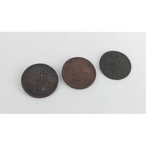 225 - Set of three Georgian copper halfpennies, including a George III example dated 1799, with additional... 