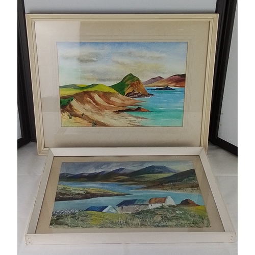 226 - Pair of S Cardwell watercolours, coastal and lakeside landscapes, each mounted under glass in pale f... 