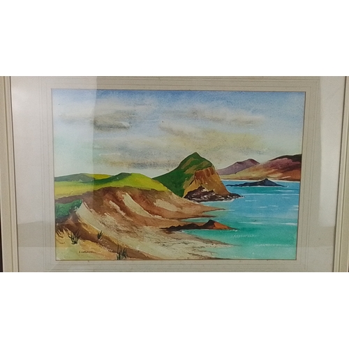 226 - Pair of S Cardwell watercolours, coastal and lakeside landscapes, each mounted under glass in pale f... 