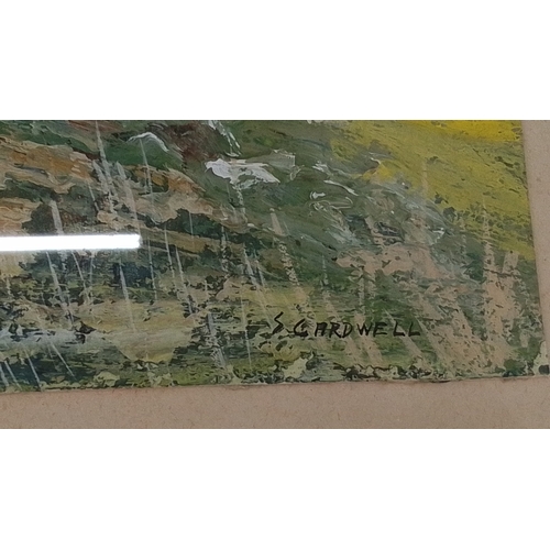 226 - Pair of S Cardwell watercolours, coastal and lakeside landscapes, each mounted under glass in pale f... 