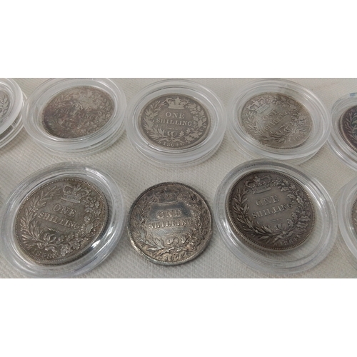 231 - Set of 10 Victorian silver shillings to include dates 1879, 1856, 1871, 1858, 1864, 1878, 1884 and m... 