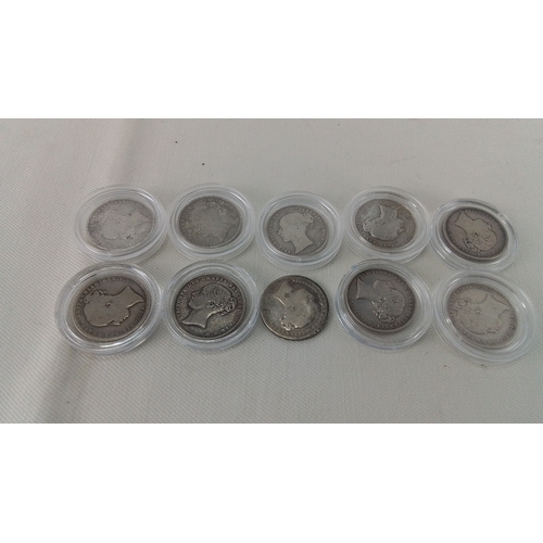 231 - Set of 10 Victorian silver shillings to include dates 1879, 1856, 1871, 1858, 1864, 1878, 1884 and m... 