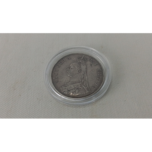 235 - British Silver Double Florin coin of Queen Victoria, dated 1888, in a clear protective capsule; obve... 