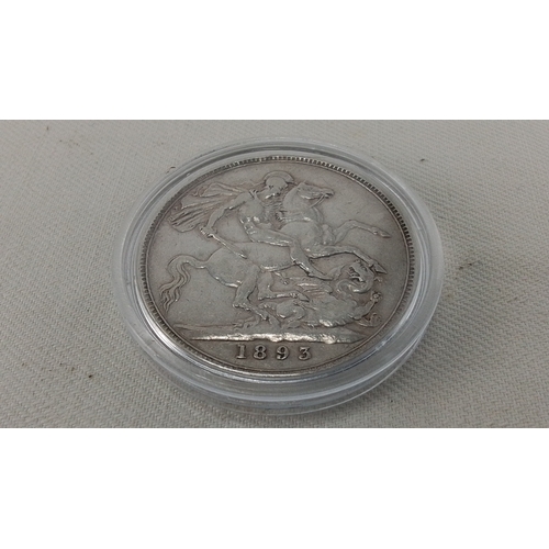 247 - One Victorian silver crown coin, dated 1893, obverse with veiled bust of Queen Victoria inscribed “V... 