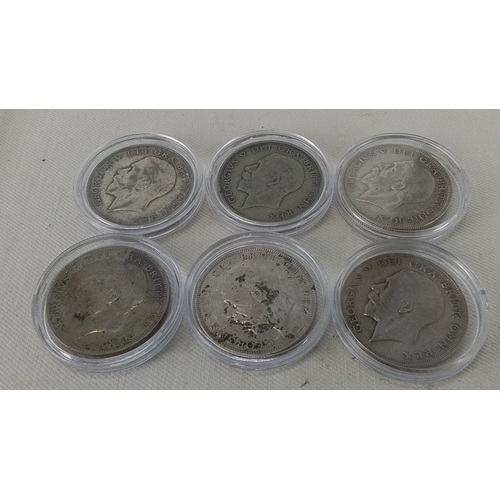 265 - Set of 6 George V British silver half-crowns, in clear coin capsules, comprising 1920, 1921, 1923, 1... 