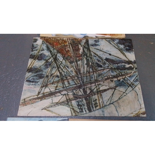 297 - Five unframed art works comprising two oils on board depicting coastal landscapes, an oval photograp... 