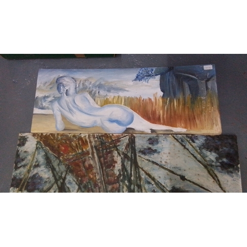 297 - Five unframed art works comprising two oils on board depicting coastal landscapes, an oval photograp... 