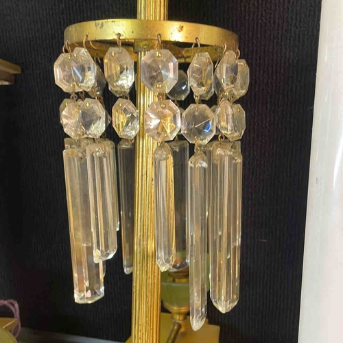 611 - A gilt-metal and green-painted five-light chandelier, with faceted crystal drip prisms and octagonal... 