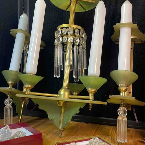 611 - A gilt-metal and green-painted five-light chandelier, with faceted crystal drip prisms and octagonal... 