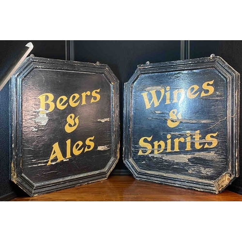 2 painted wooden octagonal pub-style hanging signs, black ground with ...