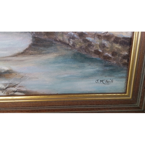 A framed oil on canvas 'Green Bridge, Broughshane' signed J McNeill ...