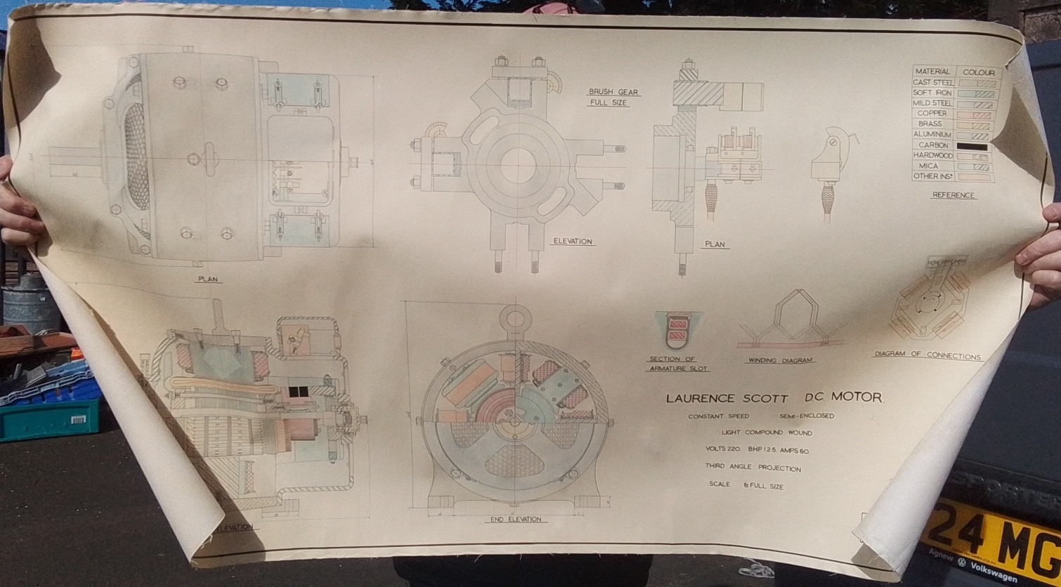 Pair of rolled engineering drawings on paper—technical plan, elevation ...
