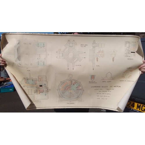 Pair of rolled engineering drawings on paper—technical plan, elevation ...