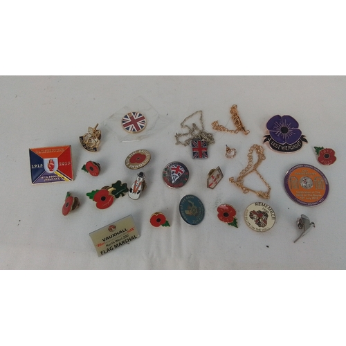 61 - A group of commemorative enamel lapel badges and pins, including Union Jack and poppy emblems, Ulste... 