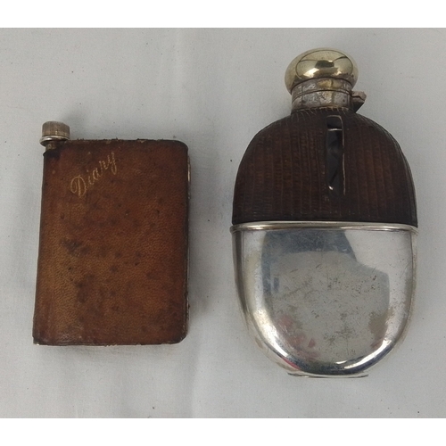 62 - A group of two liquor flasks: one in brown leather sleeve with screw-cap, the other ovoid with brown... 