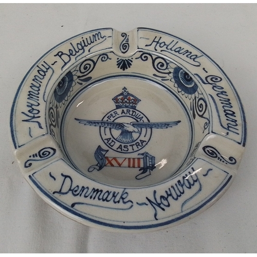 66 - Dutch Delft-style tin-glazed earthenware ashtray, hand-painted in cobalt with RAF motto ‘Per Ardua a... 