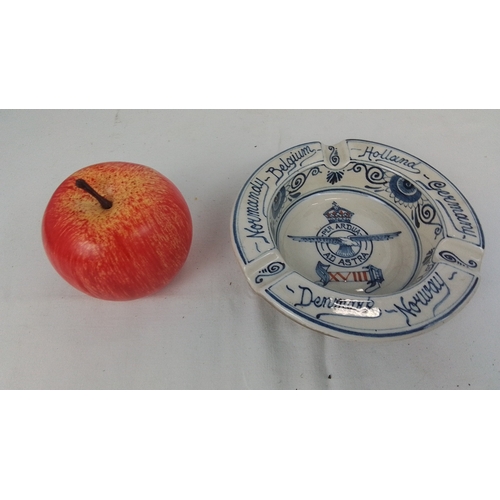 66 - Dutch Delft-style tin-glazed earthenware ashtray, hand-painted in cobalt with RAF motto ‘Per Ardua a... 