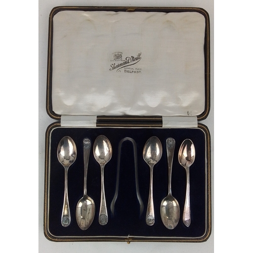 69 - Cased set of Sterling silver teaspoons with scallop-shell terminals, the fitted interior with retail... 