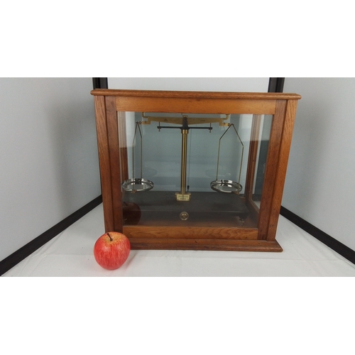 71 - Griffin & George ‘Microid Duorider’ laboratory balance, housed in a glazed oak case; the instrument ... 