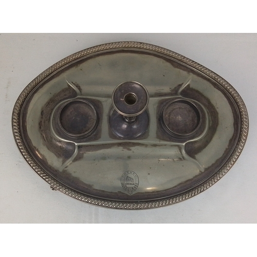 99 - Victorian silver-plated three-bottle decanter stand, of oval form with rope-twist rim, central balus... 